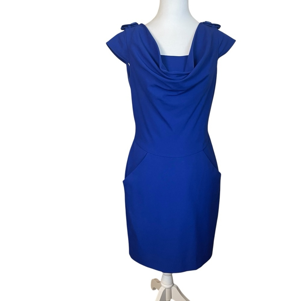 Calvin Klein Royal Blue Sheath Dress Pockets Career Cocktail Drape Neck Sz 2 EUC